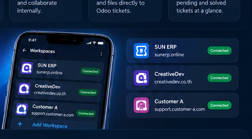 HelpDuck workspace switcher with connected Odoo servers